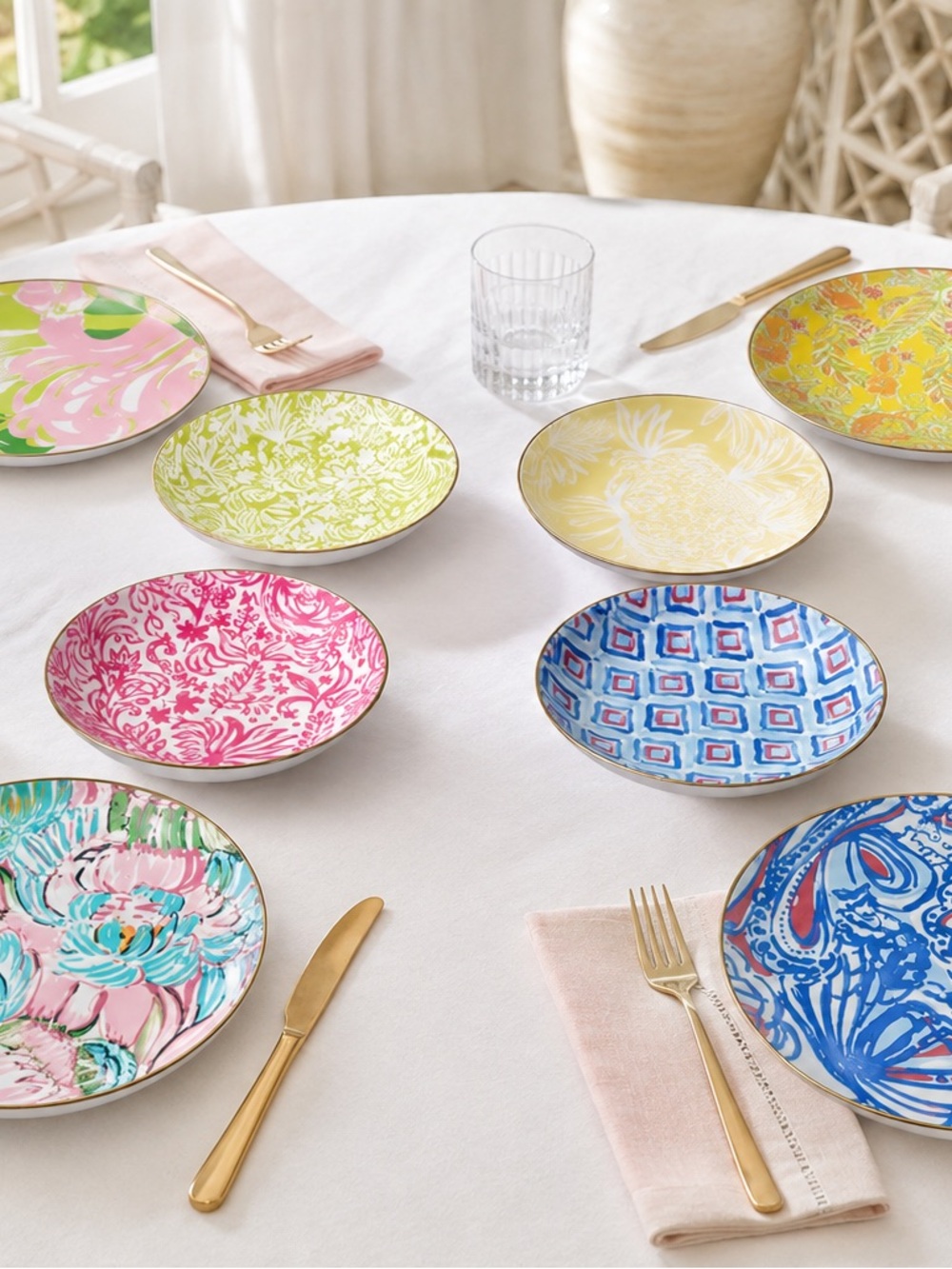 🌸 ADORABLE 4 Limited Edition Lily Pulitzer Porcelain with Gold Trim Fruit Bowls